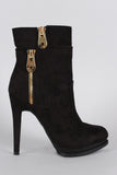 Suede Zipper Trim Almond Toe Heeled Booties