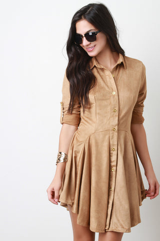 Suede Long Sleeves Button-Up Flared Dress