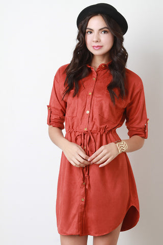 Suede Collared Drawstring Button-Up Shirt Dress