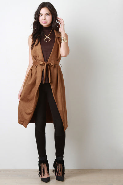 Suede Shawl Sleeveless Longline Vest