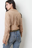 Zipped Up Two Tone Suede Fringe Long Sleeves Jacket