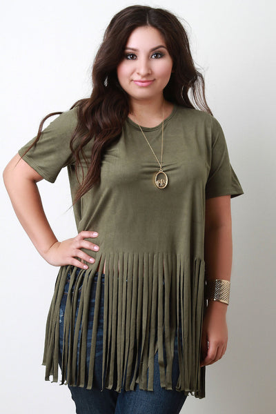 Short Sleeve Suede Fringe Hem Top