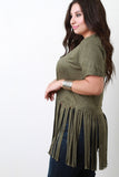 Short Sleeve Suede Fringe Hem Top