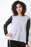 Vegan Leather Sleeve Raw Hem Sweatshirt Top