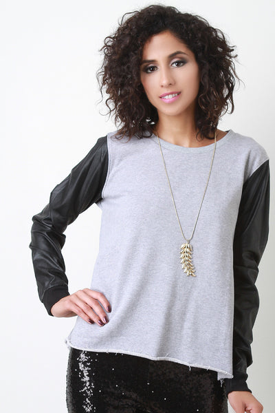 Vegan Leather Sleeve Raw Hem Sweatshirt Top