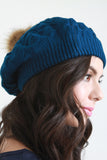 Fur Pom Pom Cable Knit Beret