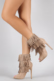 Delicious Suede Triple Layered Fringe Peep Toe Stiletto Booties