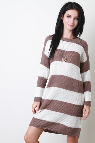 Two Tone Striped Knit Long Sleeves Sweater Dress