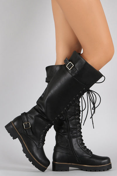 Buckled Combat Lace Up Lug Sole Knee High Boots