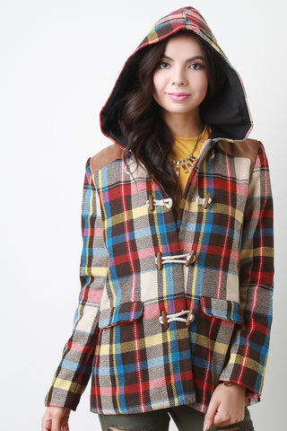 Toggle Closure Plaid Print Long Sleeves Hoodie Jacket