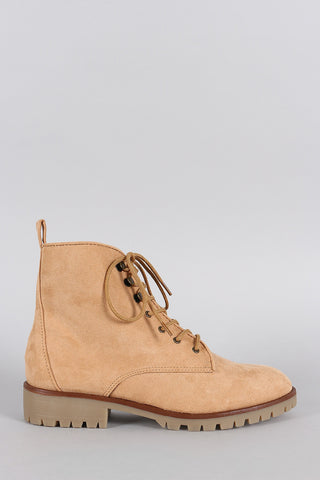 Qupid Suede Lug Sole Round Toe Lace Up Combat Ankle Boots