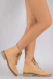 Qupid Suede Lug Sole Round Toe Lace Up Combat Ankle Boots