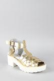 Qupid Woven Metallic Ankle Strap Peep Toe Flatform Sandal