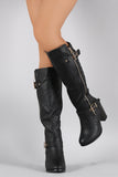 Buckled Quilted Zip Up Round Toe Heeled Knee High Boots