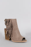 Qupid Falling Fringe Buckle Chunky Heel Mule