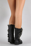 Qupid Folded Faux Fur Collar Buckle Mid Calf Boots