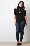 Necklace Ribbed Cold Shoulders Mock Neck Top