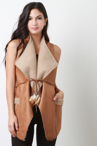 Vegan Leather Shearling Oversized Collar Sleeveless Belted Vest