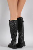 Buckled Quilted Shaft Round Toe Riding Knee High Boots