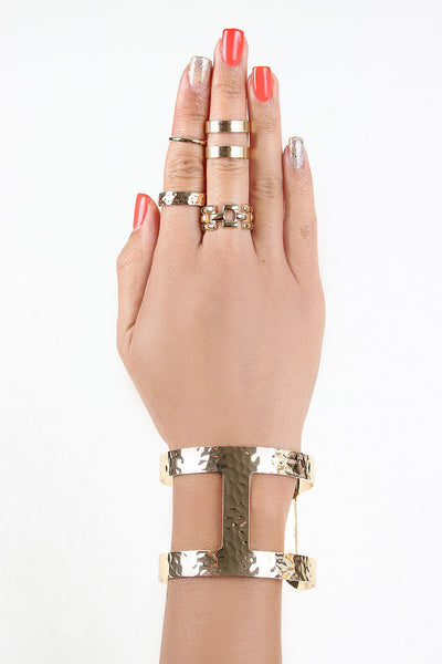 Hammered Cutout Cuff And Chain Ring Set