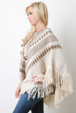 Fringe Hem Patterned Crew Neck Poncho