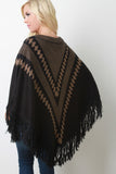 Fringe Hem Patterned Crew Neck Poncho