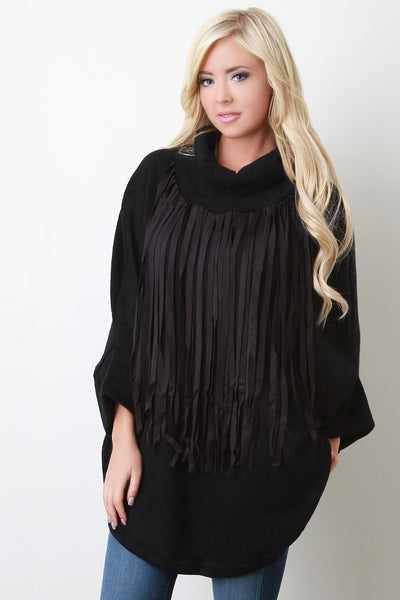 Fringe Turtleneck Round Hem Poncho Sweater