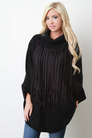 Fringe Turtleneck Round Hem Poncho Sweater