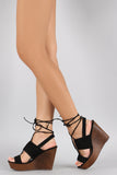 Qupid Suede Corset Lace Up Wooden Platform Wedge