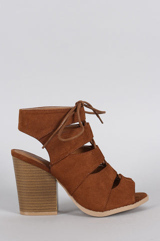 Qupid Suede Peep Toe Corset Lace Up Gladiator Chunky Heel