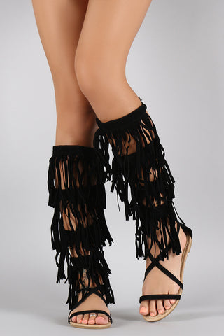 Suede Strappy Fringe Open Toe Gladiator Flat Sandal