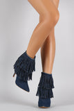 Shoe Republic LA Denim Layered Fringe Pointy Toe Stiletto Booties