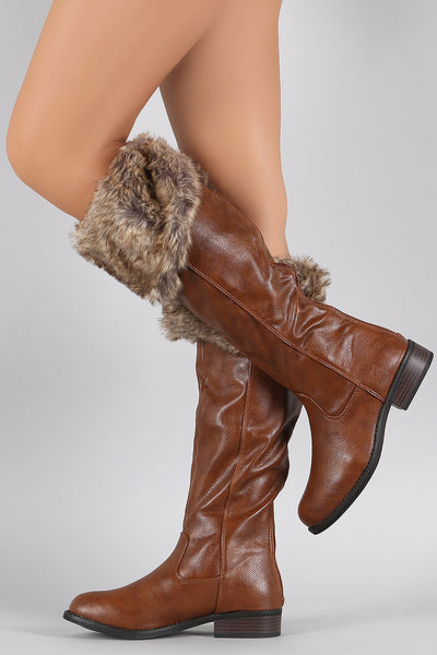 Bamboo Faux Fur Cuff Round Toe Riding Knee High Boots