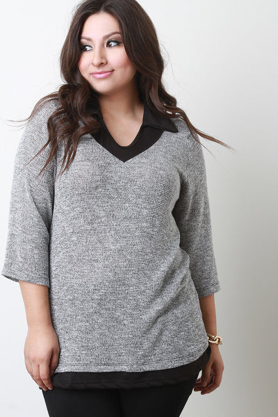 Marled Collar Quarter Sleeves Layered Contrast Top