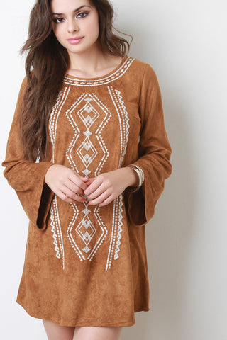 Suede Embroidered Bell Sleeves Shift Dress