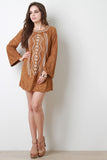 Suede Embroidered Bell Sleeves Shift Dress