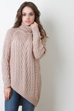 Mixed Cable Knit Turtleneck Long Sleeves Asymmetrical Hem Sweater