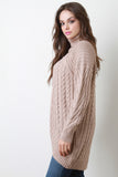 Mixed Cable Knit Turtleneck Long Sleeves Asymmetrical Hem Sweater