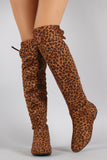 Leopard Print Round Toe Cuff Bow Tie Over-The-Knee Flat Boots