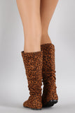 Leopard Print Round Toe Slouchy Flat Boots