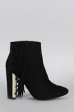 Qupid Suede Fringe Metallic Trim Heeled Booties