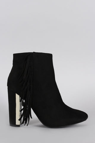 Qupid Suede Fringe Metallic Trim Heeled Booties