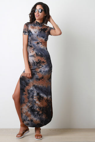 Tie Dye Mock Neck Short Sleeves Slit Maxi Dress