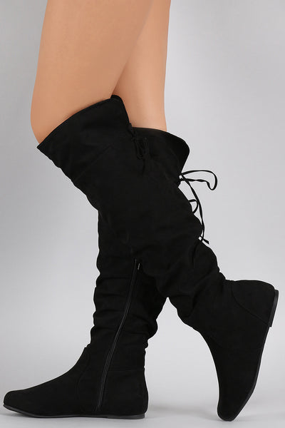 Bamboo Vegan Suede Slouchy Cutie Lace Up Flat Boots