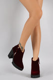 Velvet Pointy Toe Zip Up Lug Sole Platform Heeled Booties