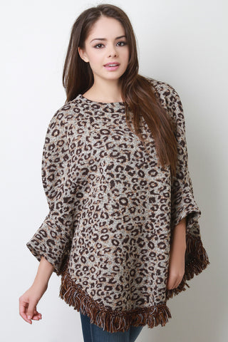 Leopard Fringe Hem Poncho Top