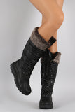 Faux Fur Cuff Lace Up Nylon Knee High Boots