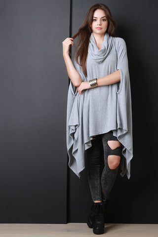 Cowl Neck Handkerchief Knit Poncho Maxi Top