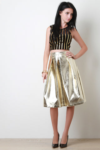 Metallic Pleated A-Line Midi Skirt