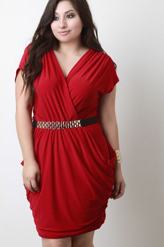 Ruched Surplice Dress With Belt